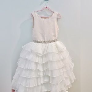 Chantilly Place Satin/Mesh Tiered Cascade Jeweled-Waist Tea Length Dress